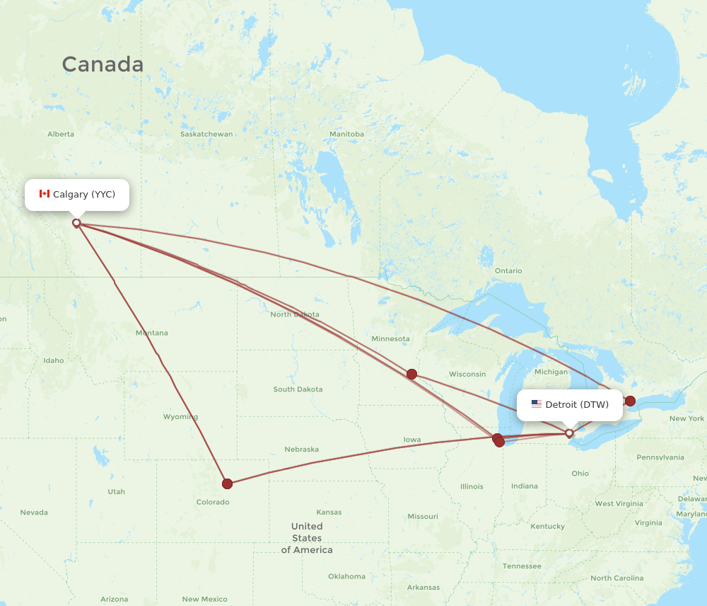 Calgary - Detroit route map and flight paths
