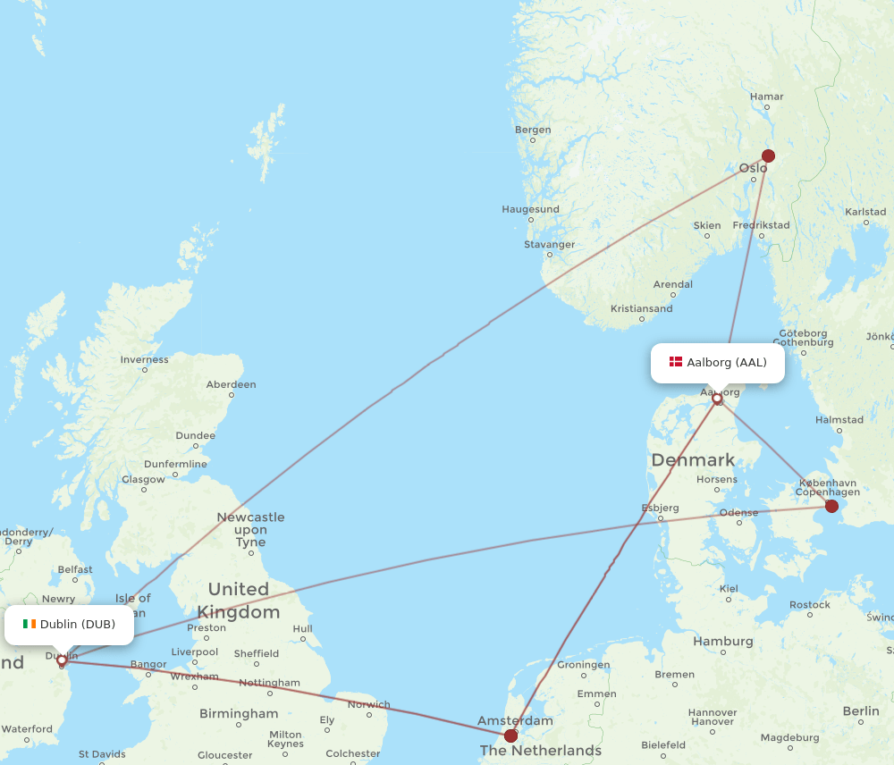 DUB to AAL flights and routes map