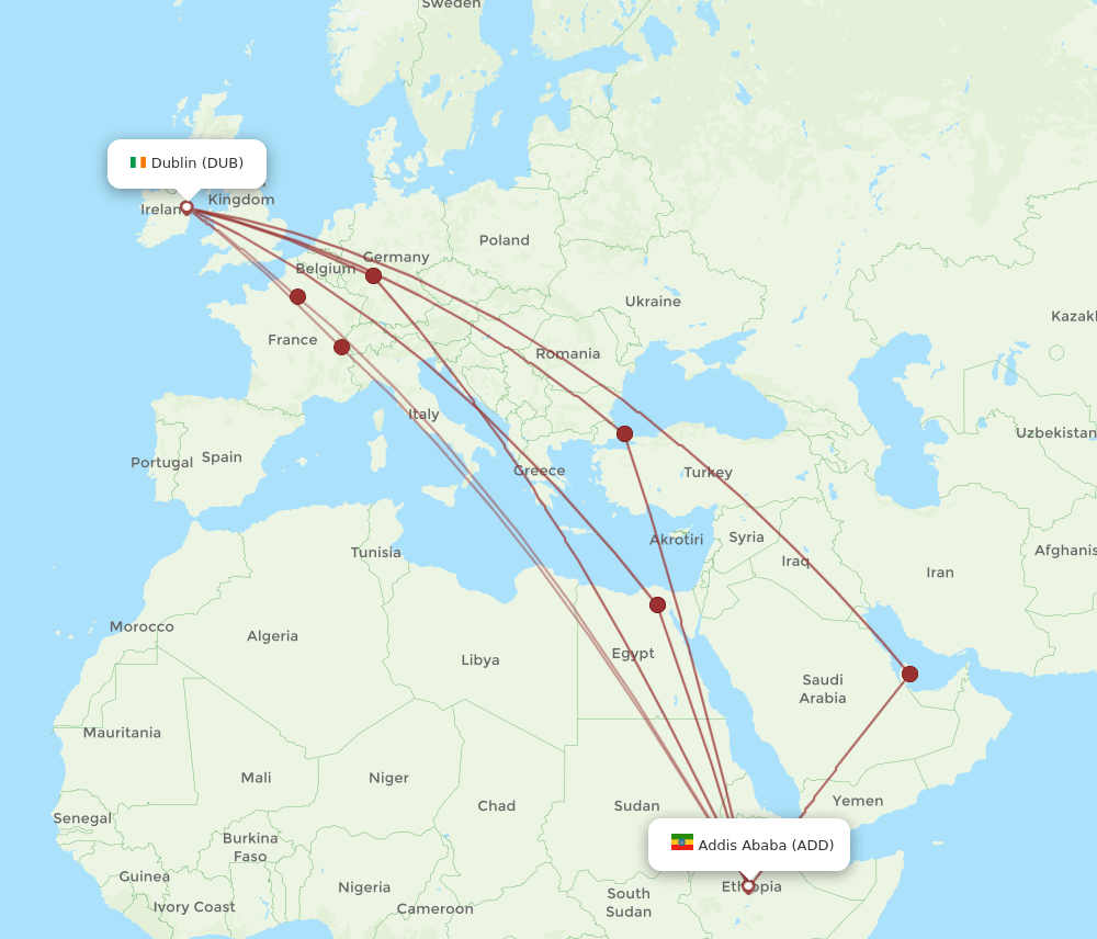 DUB to ADD flights and routes map