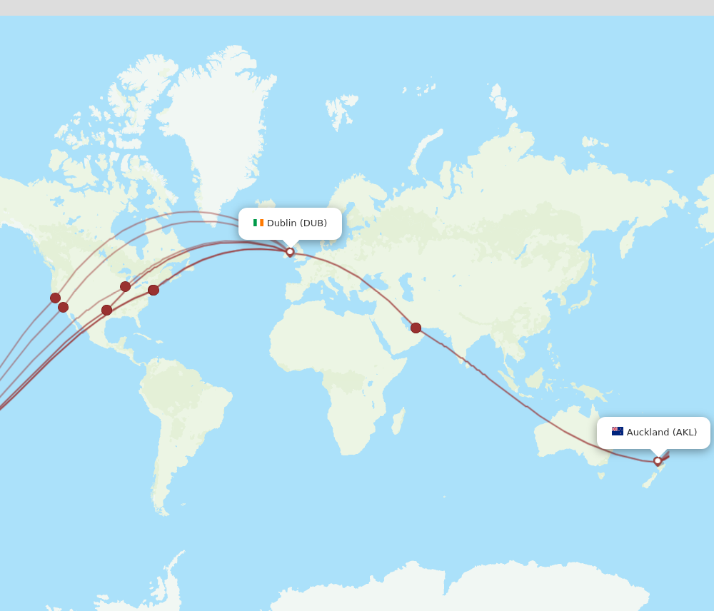 DUB to AKL flights and routes map