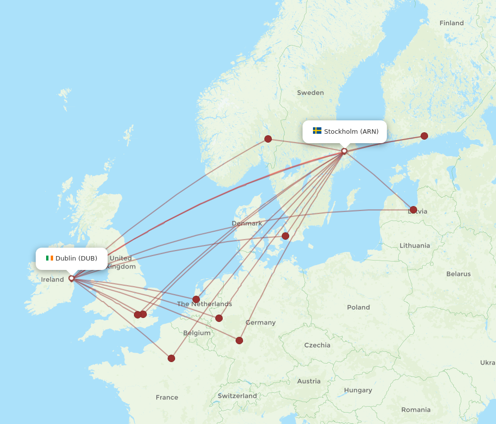 DUB to ARN flights and routes map