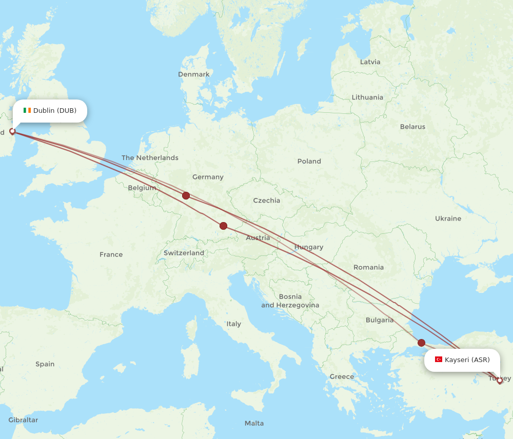 DUB to ASR flights and routes map