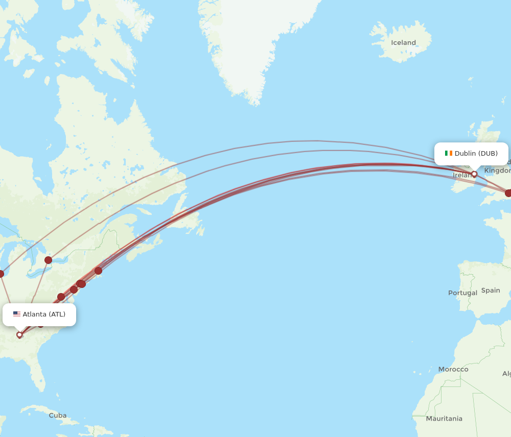 DUB to ATL flights and routes map