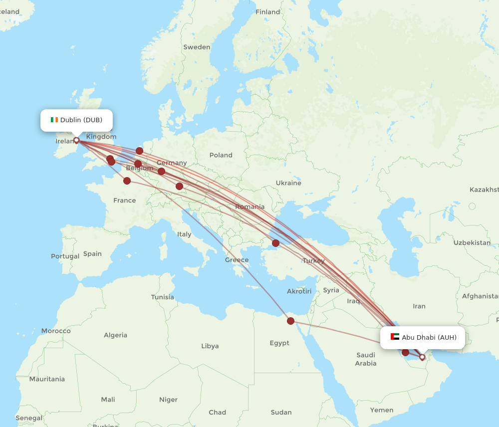 DUB to AUH flights and routes map