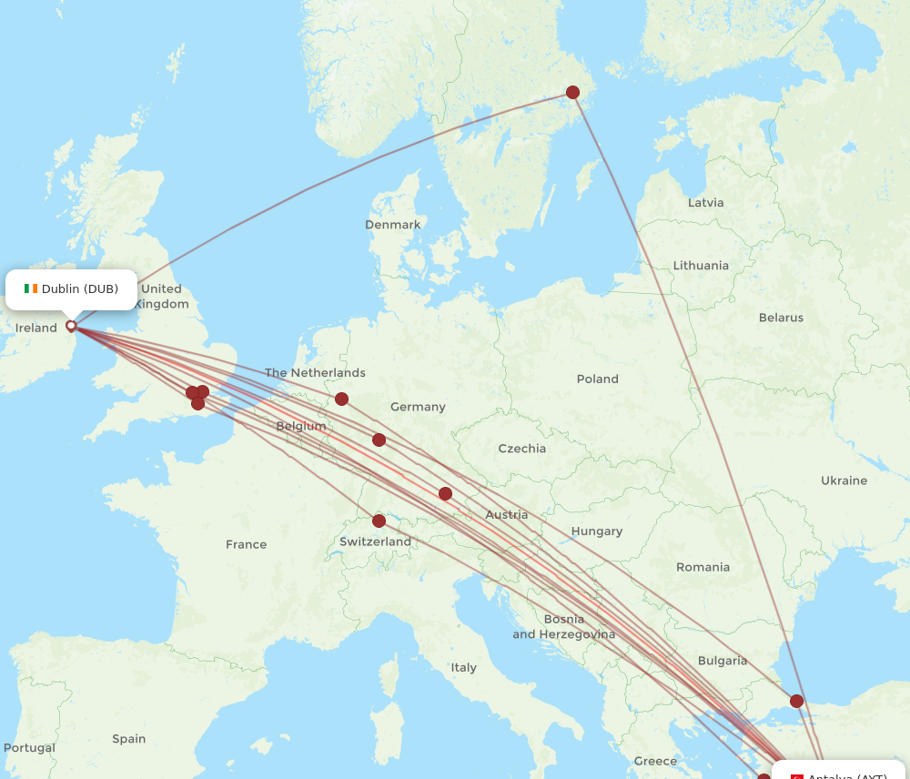 DUB to AYT flights and routes map