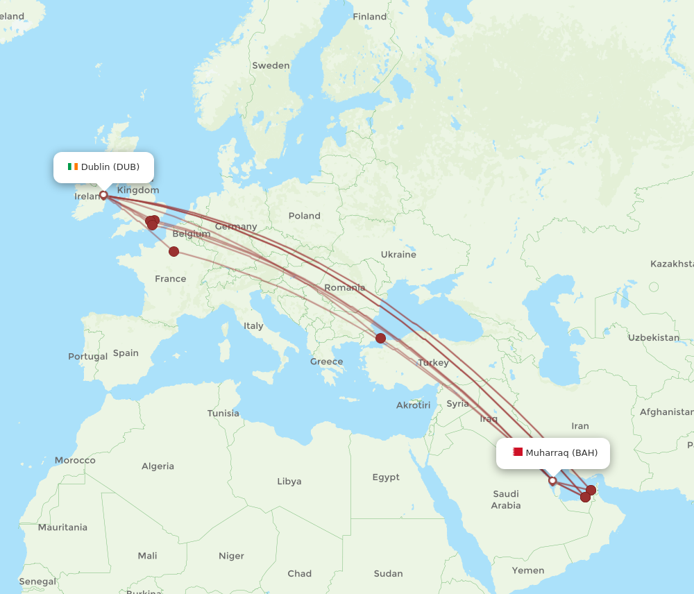 DUB to BAH flights and routes map