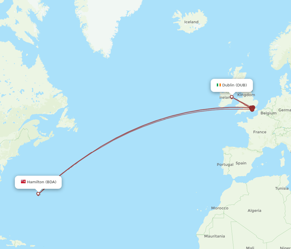 DUB to BDA flights and routes map