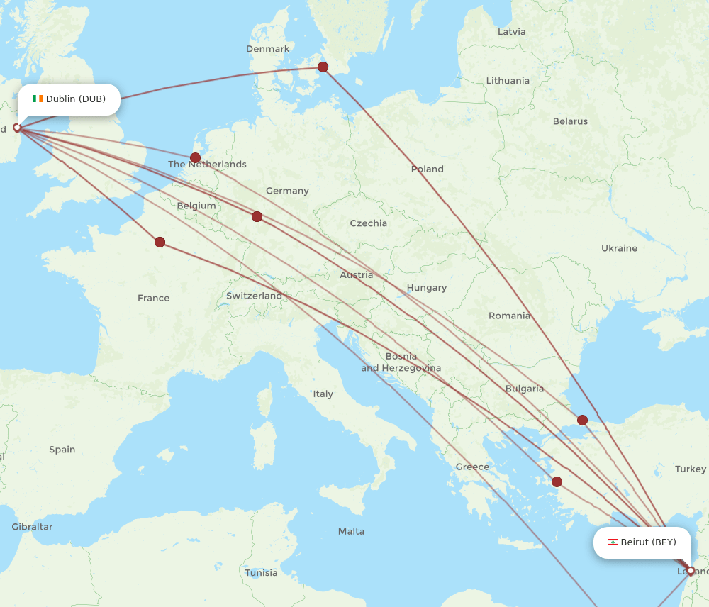 DUB to BEY flights and routes map