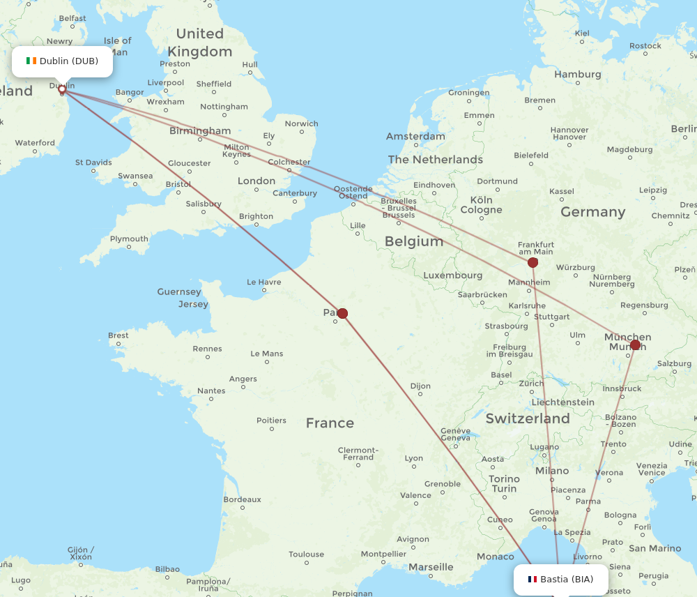 DUB to BIA flights and routes map