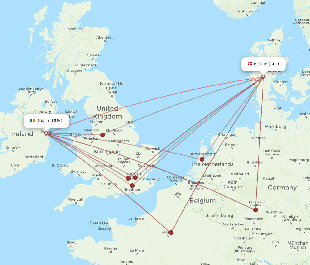 DUB to BLL flights and routes map