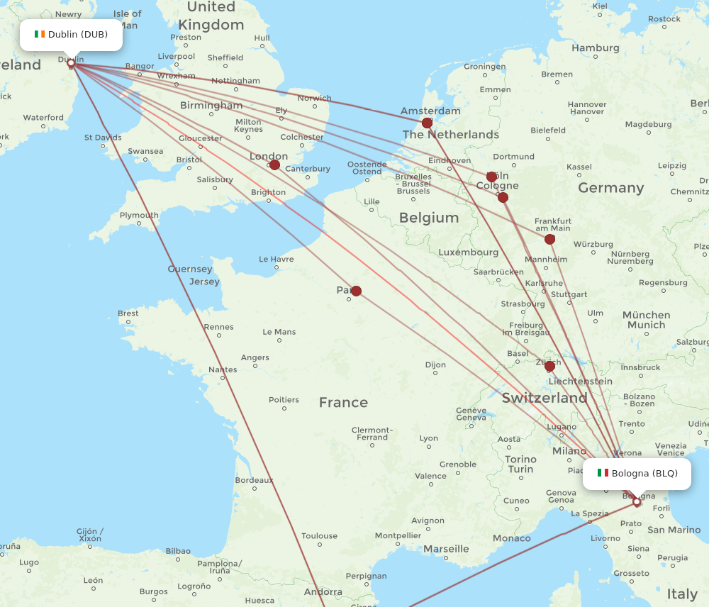 DUB to BLQ flights and routes map