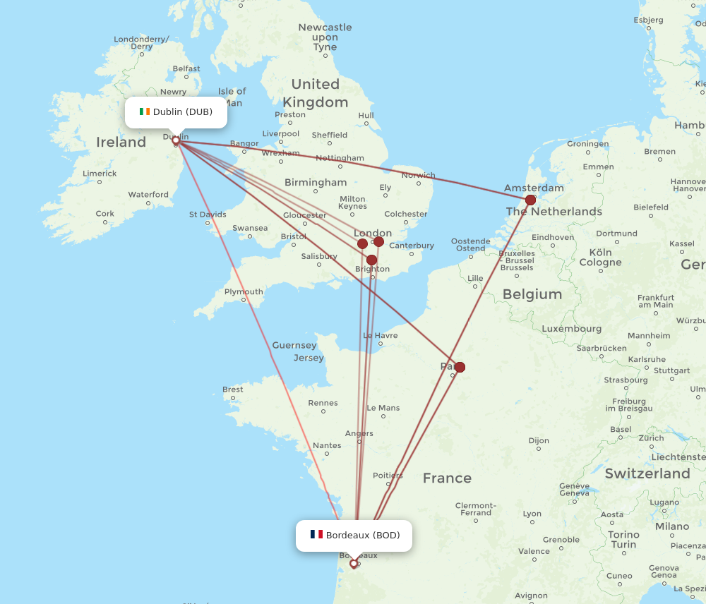 DUB to BOD flights and routes map