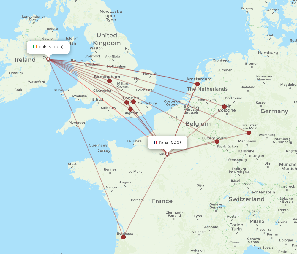 DUB to CDG flights and routes map