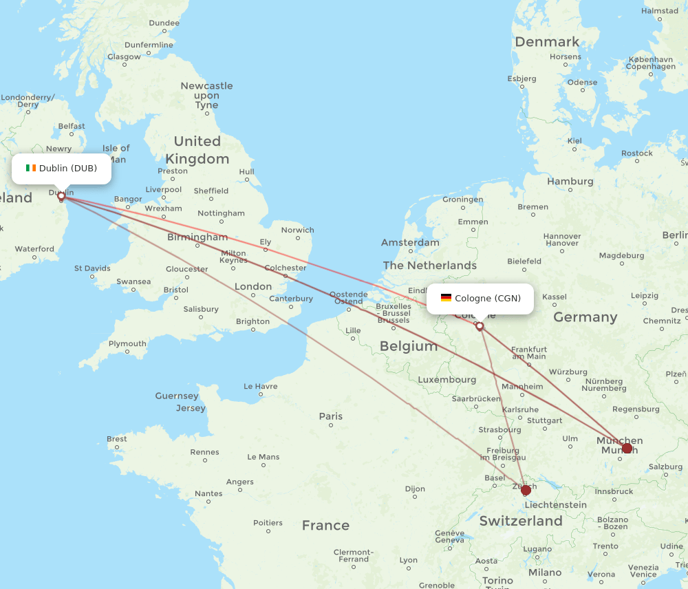 DUB to CGN flights and routes map