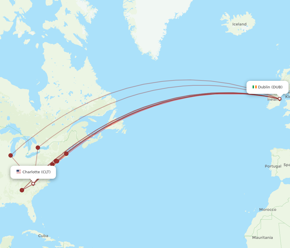 DUB to CLT flights and routes map