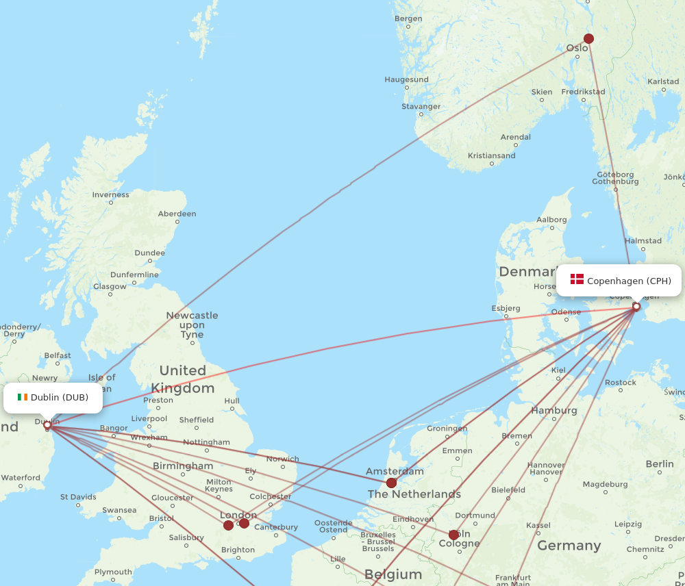 DUB to CPH flights and routes map