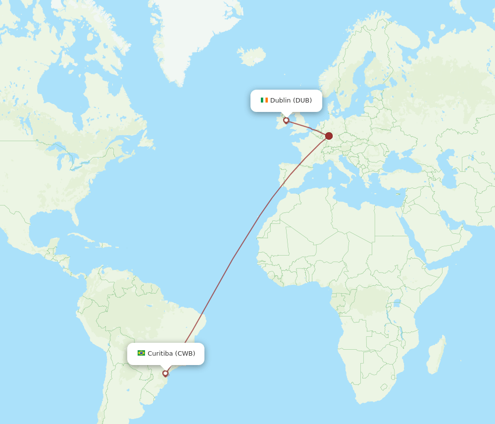 Curitiba - Dublin route map and flight paths
