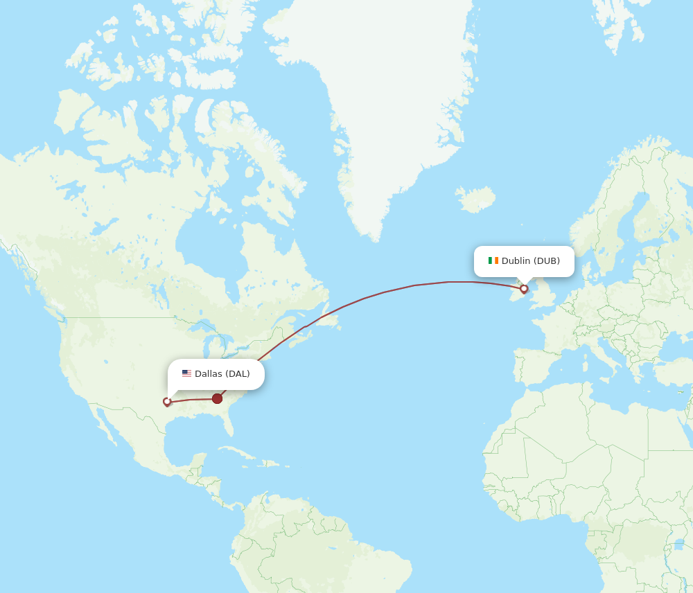 DUB to DAL flights and routes map