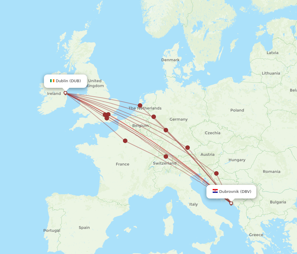 DUB to DBV flights and routes map