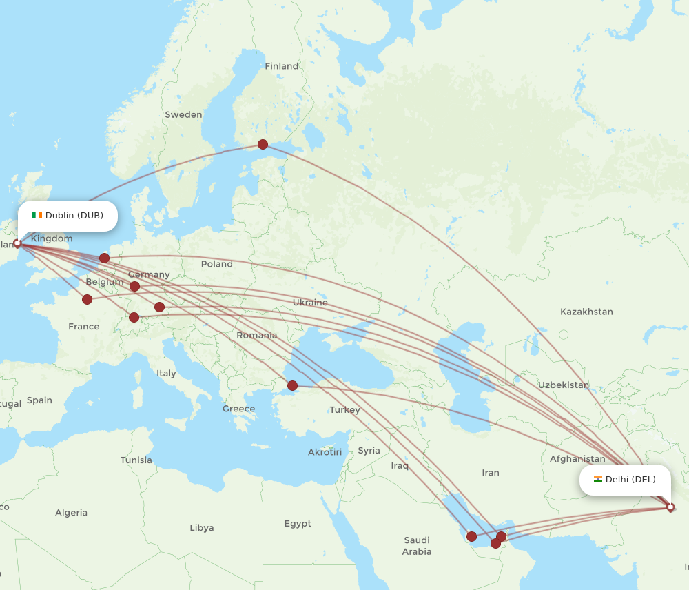 DUB to DEL flights and routes map