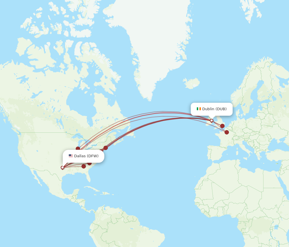 DUB to DFW flights and routes map