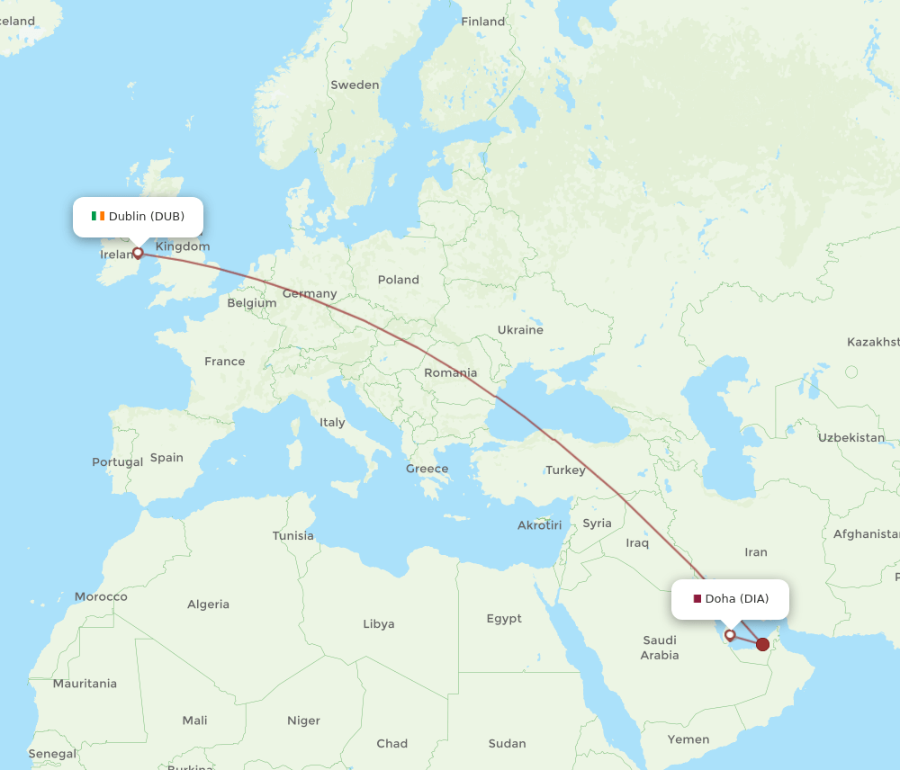 Dublin - Doha route map and flight paths