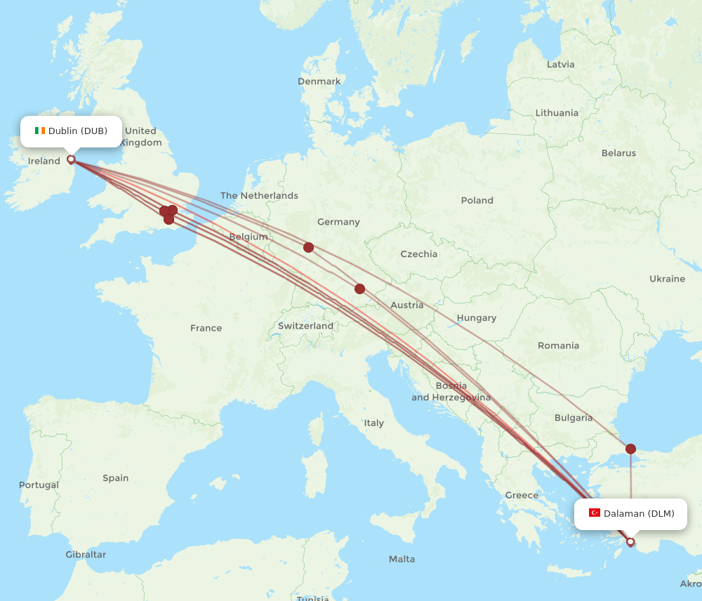DUB to DLM flights and routes map