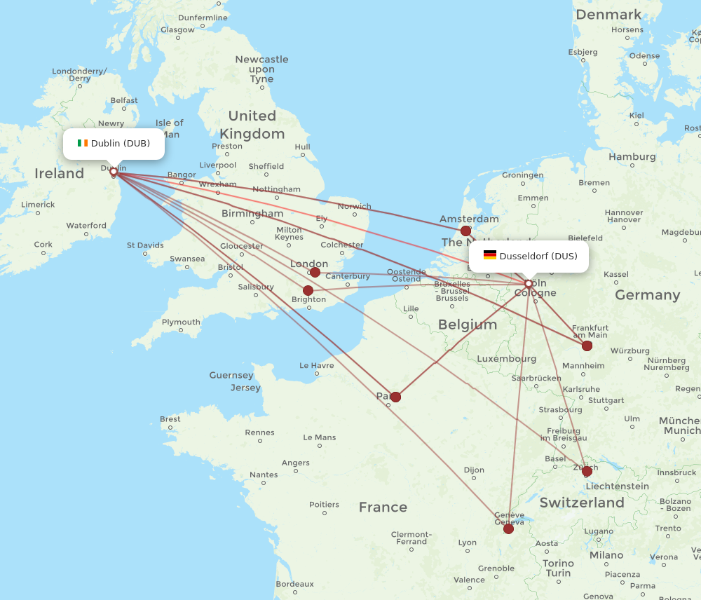 DUB to DUS flights and routes map