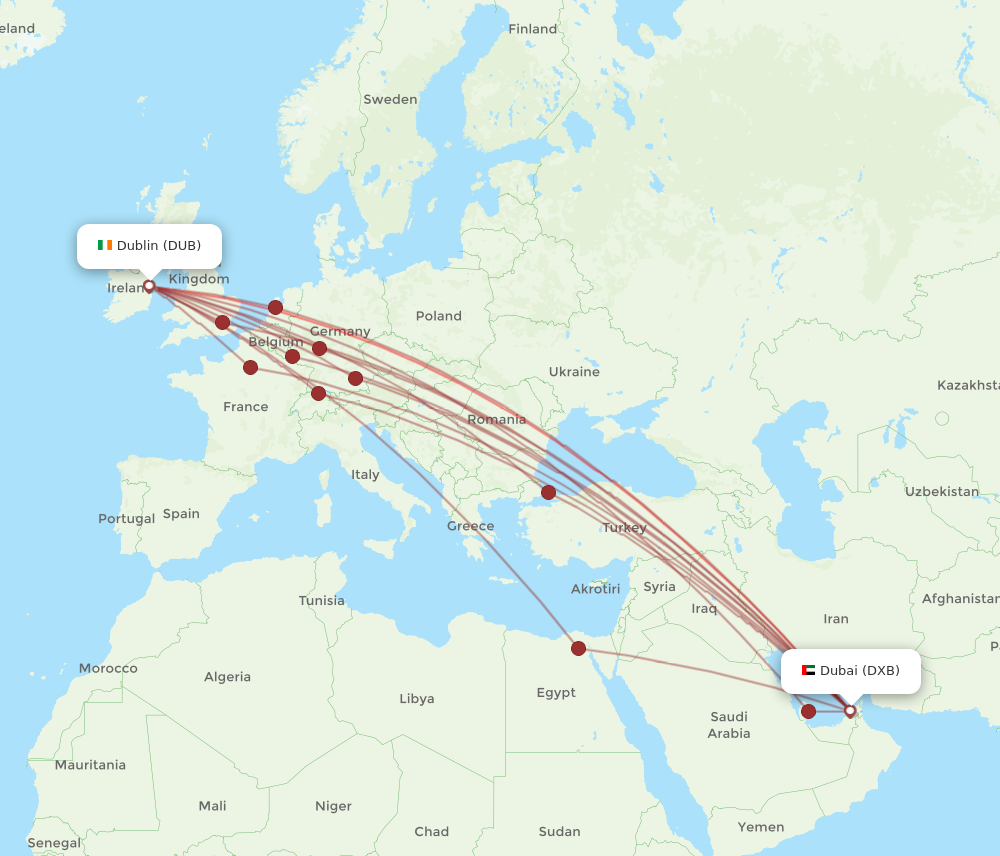 DUB to DXB flights and routes map