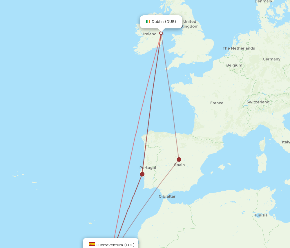 DUB to FUE flights and routes map