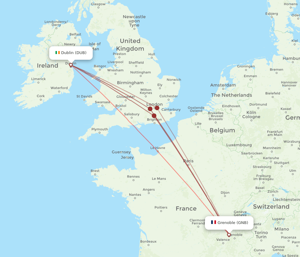 Dublin - Grenoble route map and flight paths