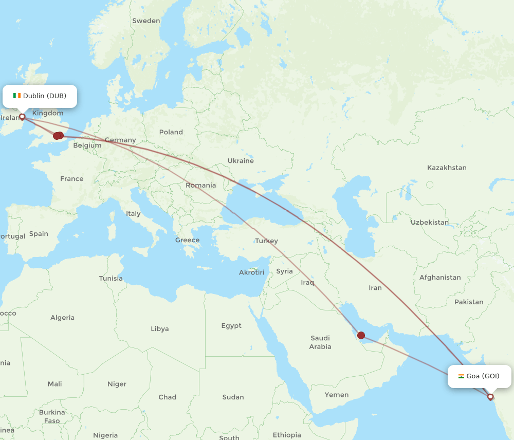 Dublin - Goa route map and flight paths
