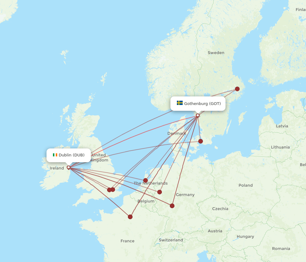 DUB to GOT flights and routes map