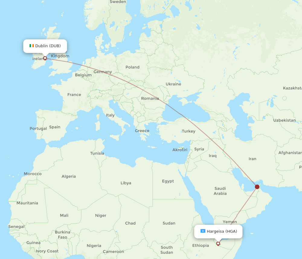 DUB to HGA flights and routes map