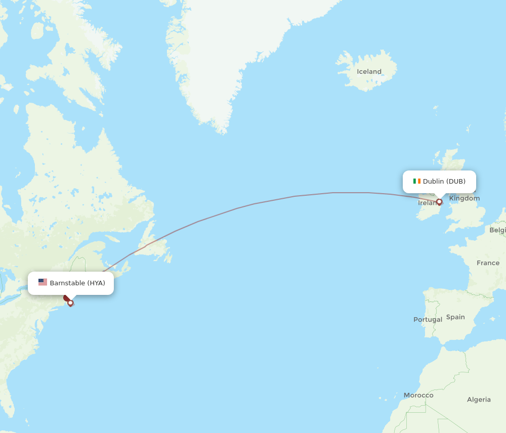 Hyannis - Dublin route map and flight paths