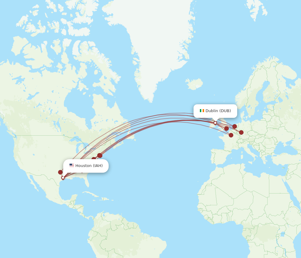 DUB to IAH flights and routes map