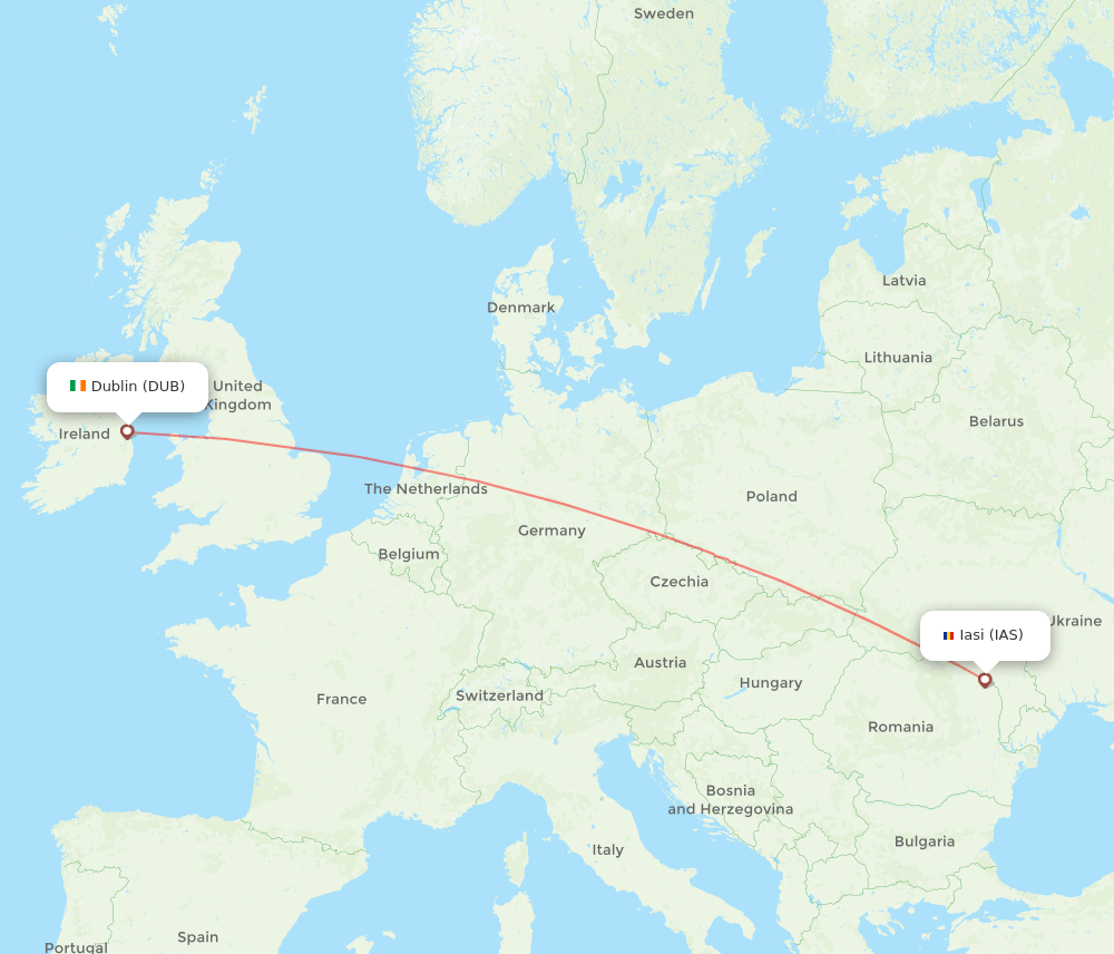 Dublin - Iasi route map and flight paths
