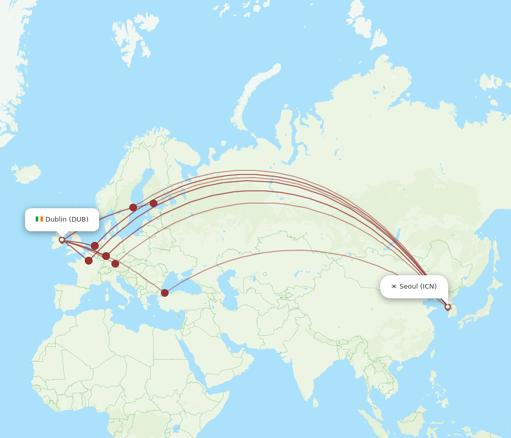 DUB to ICN flights and routes map