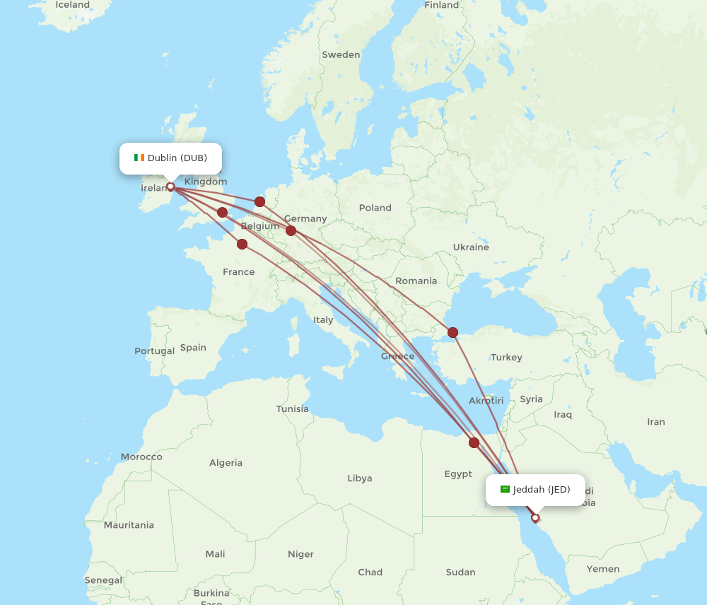 DUB to JED flights and routes map