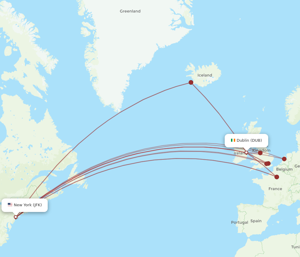 DUB to JFK flights and routes map