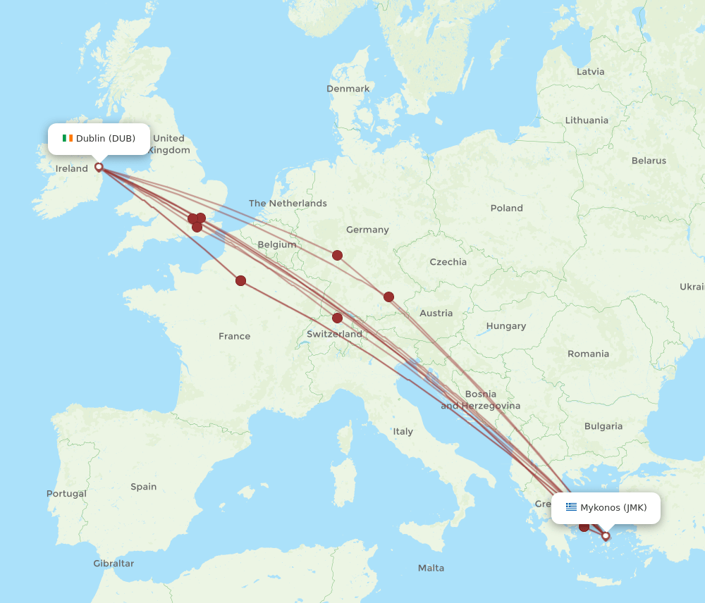 DUB-JMK flight routes
