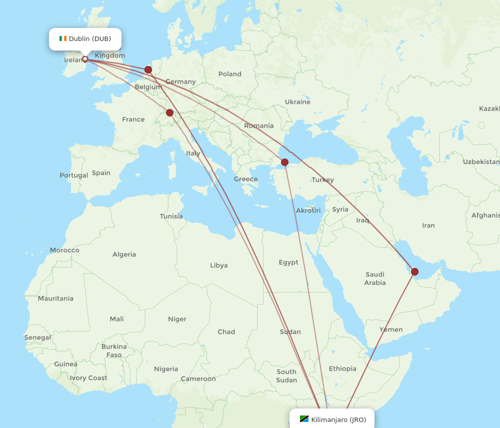 DUB to JRO flights and routes map