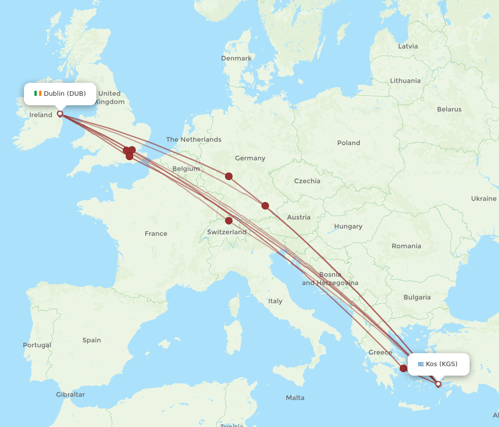 DUB to KGS flights and routes map