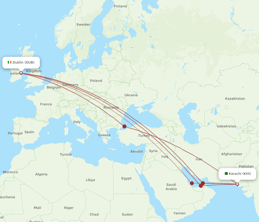 DUB to KHI flights and routes map