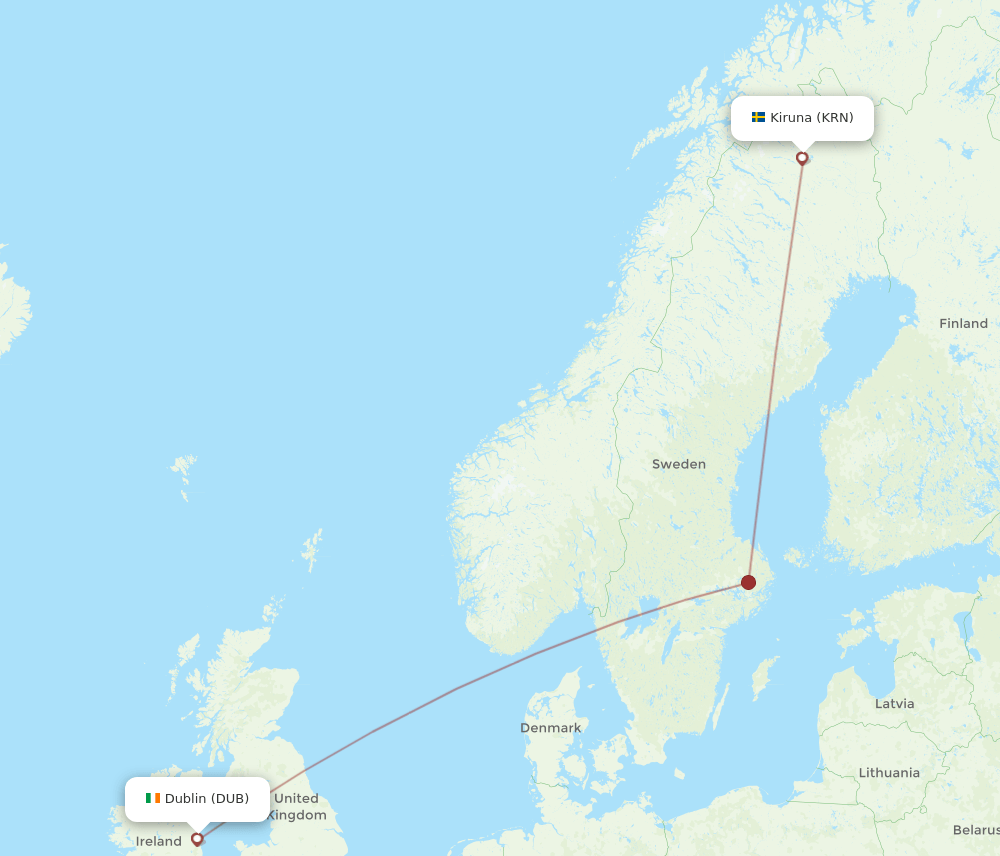 DUB to KRN flights and routes map