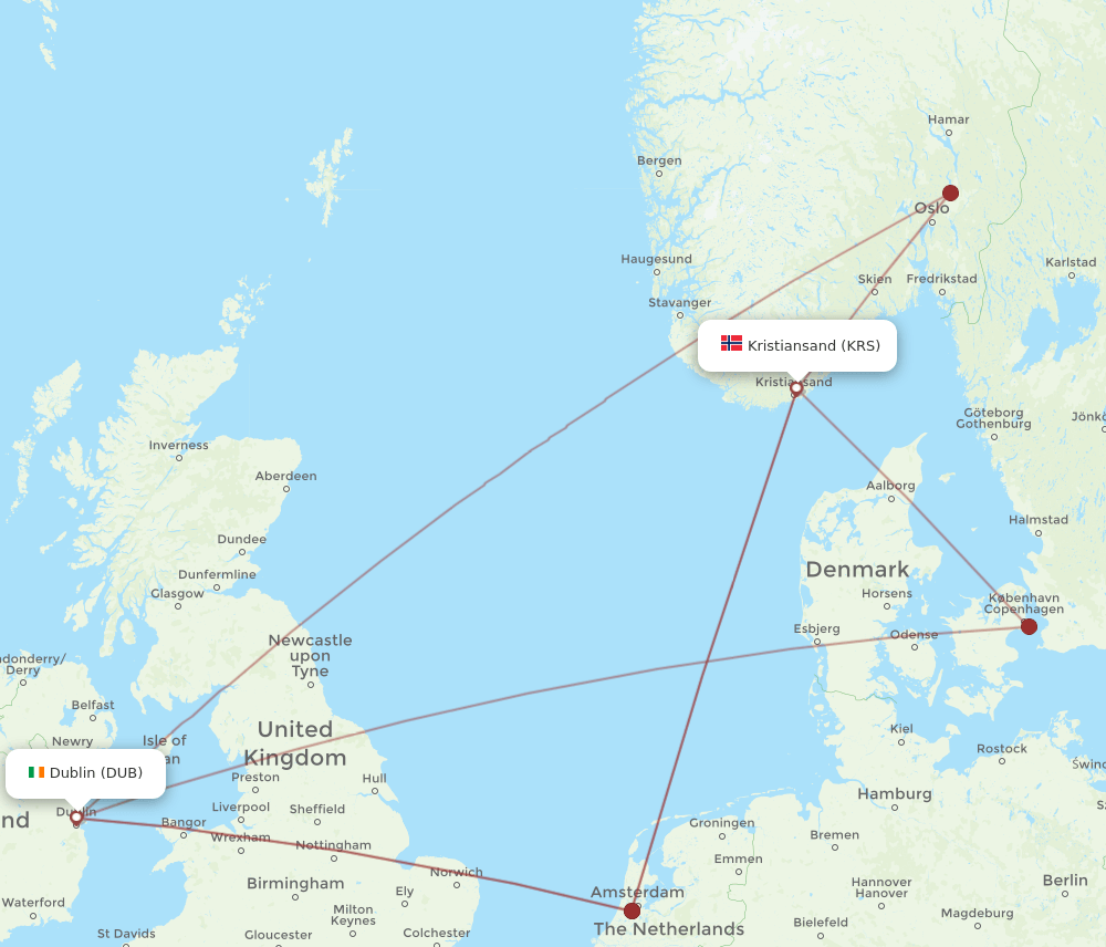 DUB to KRS flights and routes map