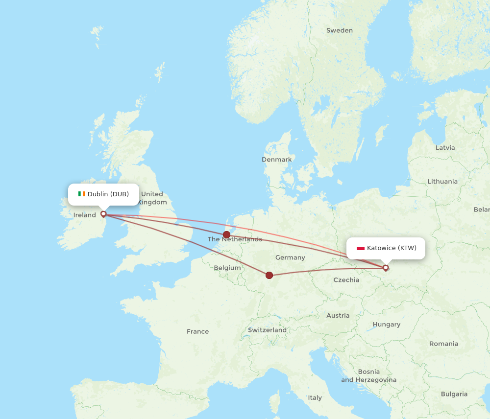 DUB to KTW flights and routes map