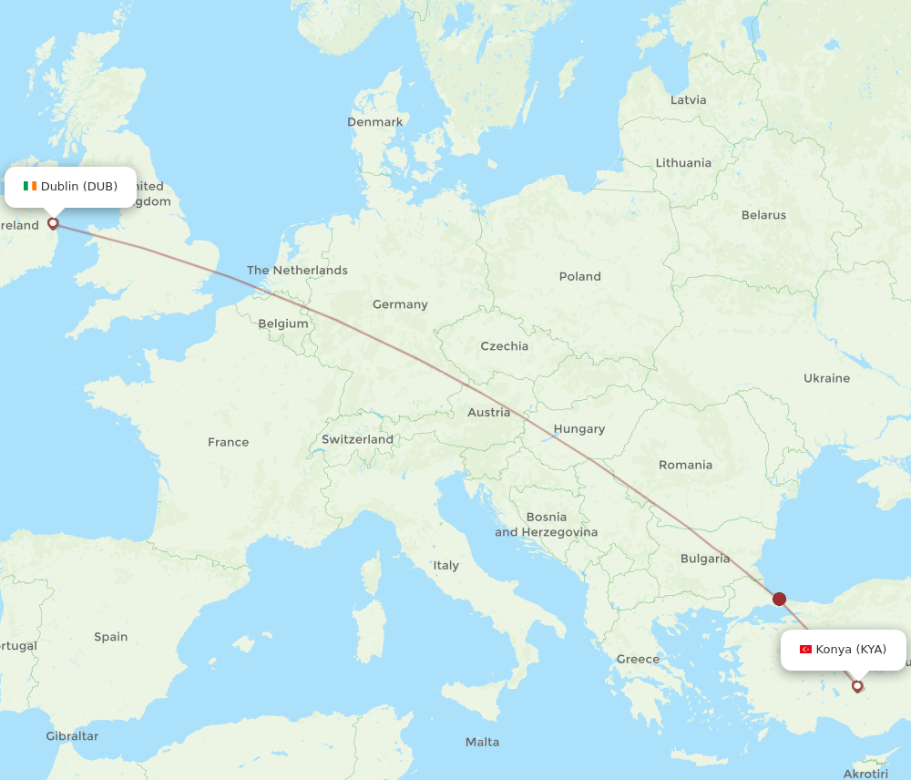 DUB to KYA flights and routes map