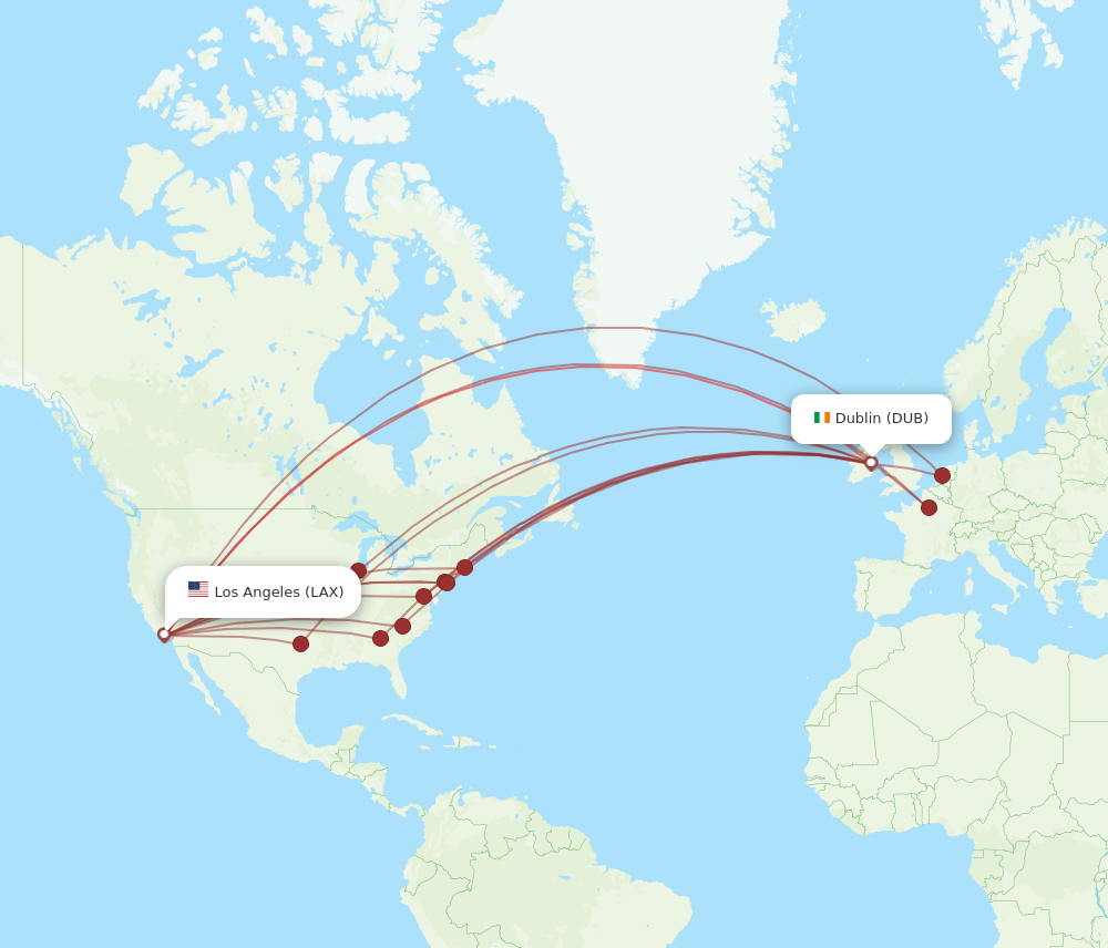 DUB to LAX flights and routes map