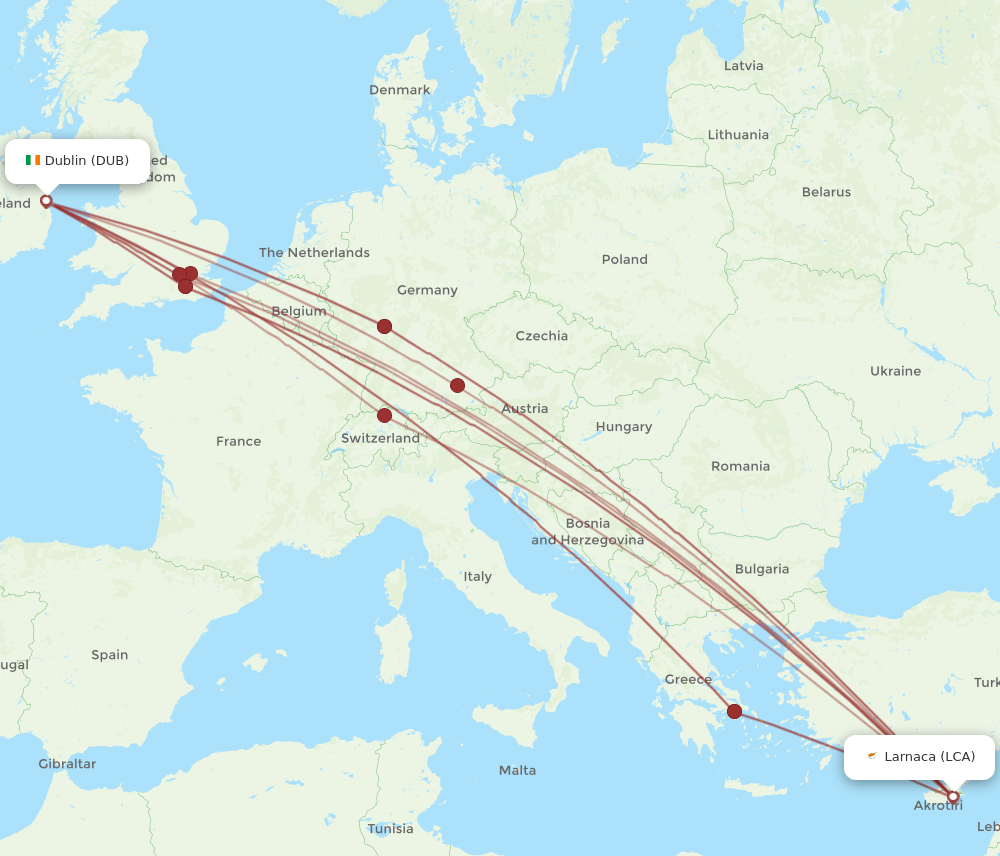 DUB to LCA flights and routes map